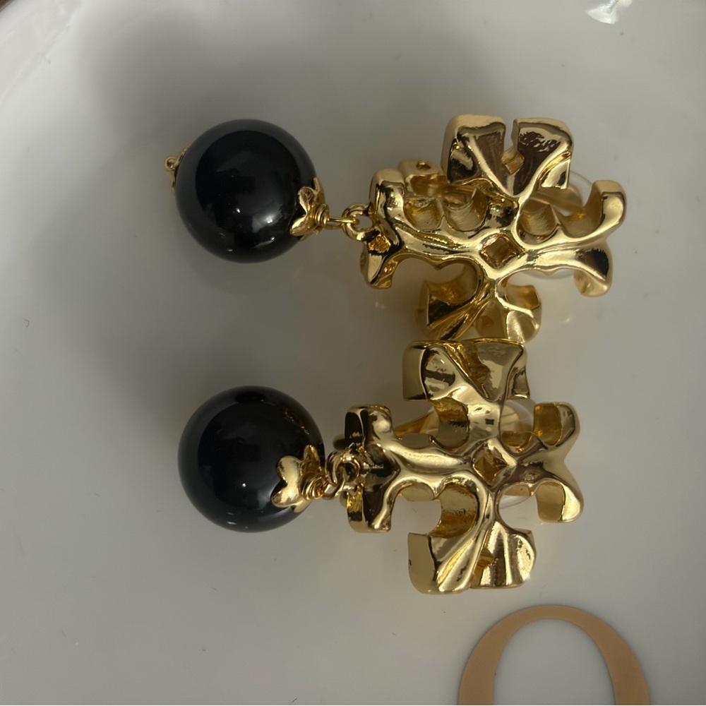 Gold Cross Drop Earring with Black Bead